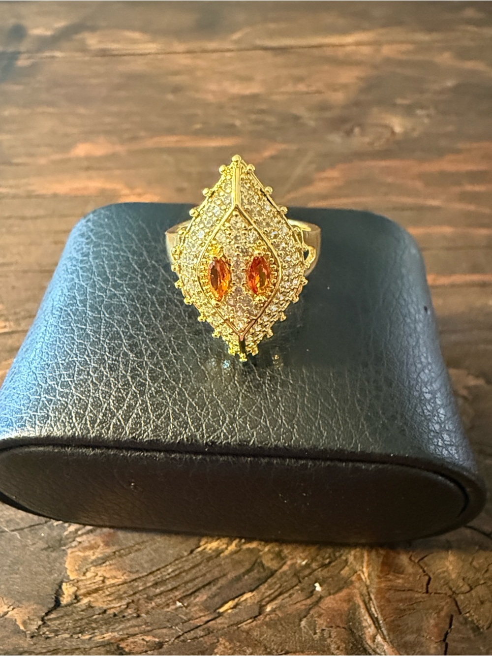 Gold Plated Leaf Statement Ring with Amber Stones